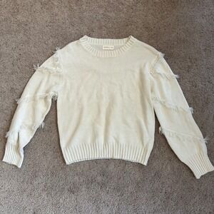 Amoli Fringe Trim Sweater Pullover‎ Knit Long Sleeve Cream S/M